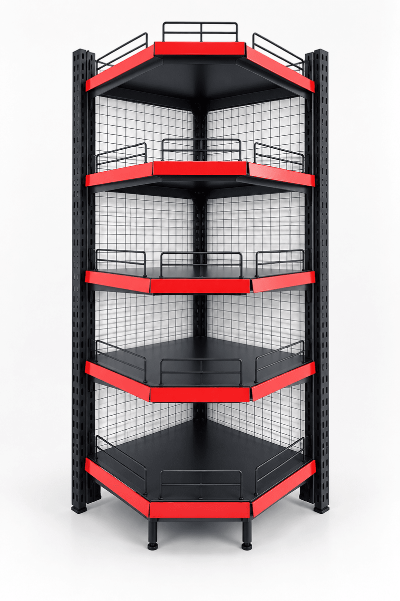 Black and red corner display rack with wire mesh backing against a plain white background.