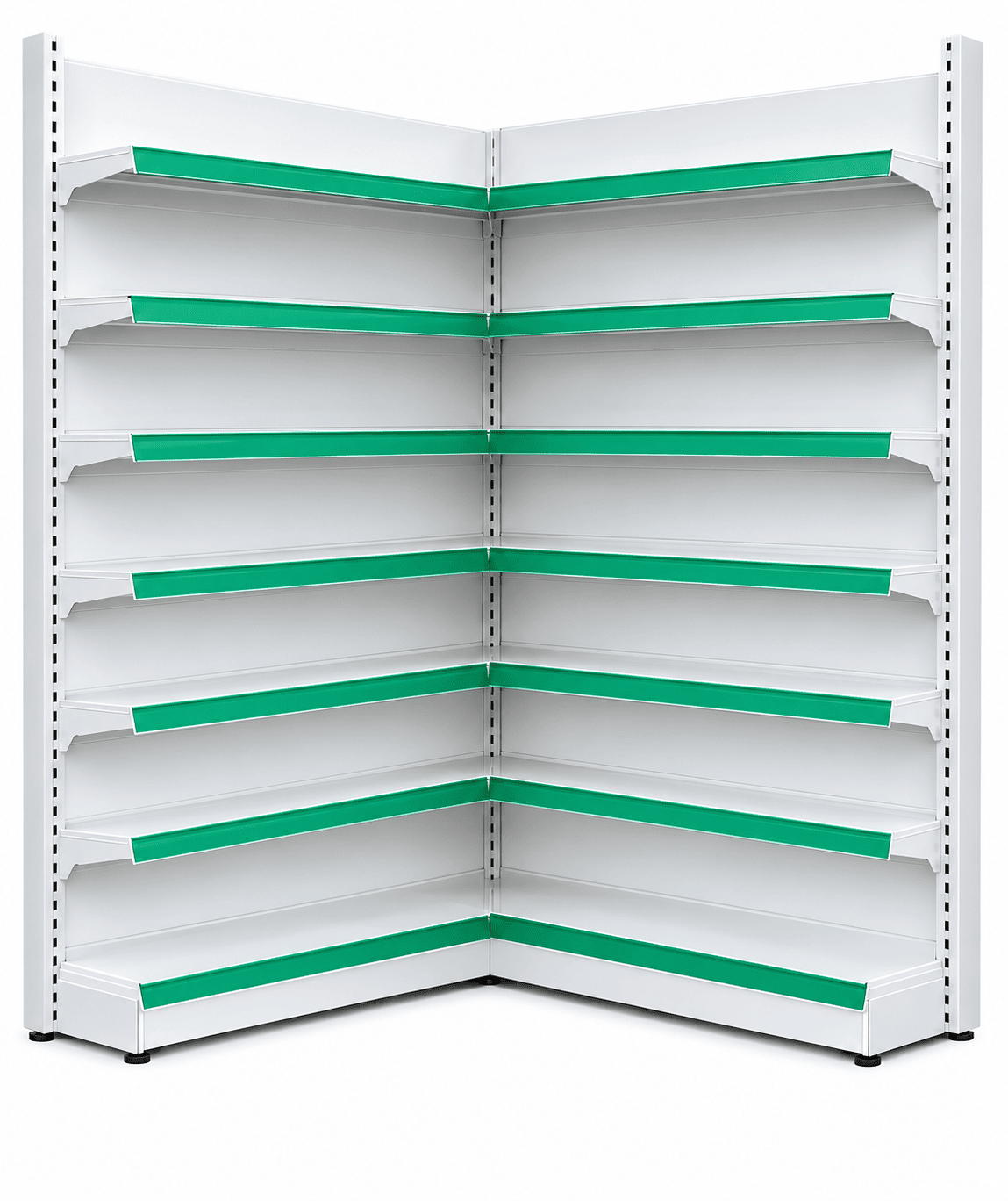 White metal retail shelving unit with multiple tiers and bright green horizontal backing strips, shown on a plain white background.
