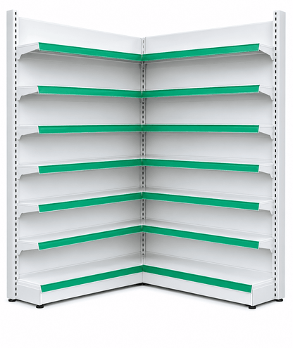 White metal retail shelving unit with multiple tiers and bright green horizontal backing strips, shown on a plain white background.