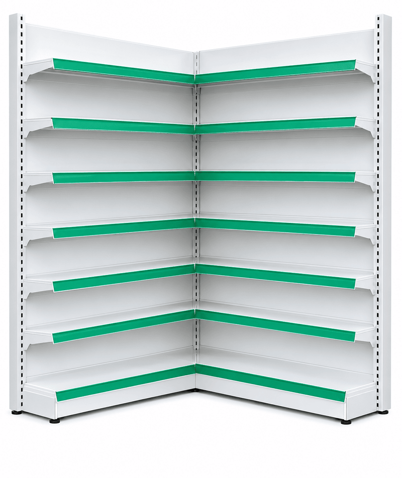 White metal retail shelving unit with multiple tiers and bright green horizontal backing strips, shown on a plain white background.