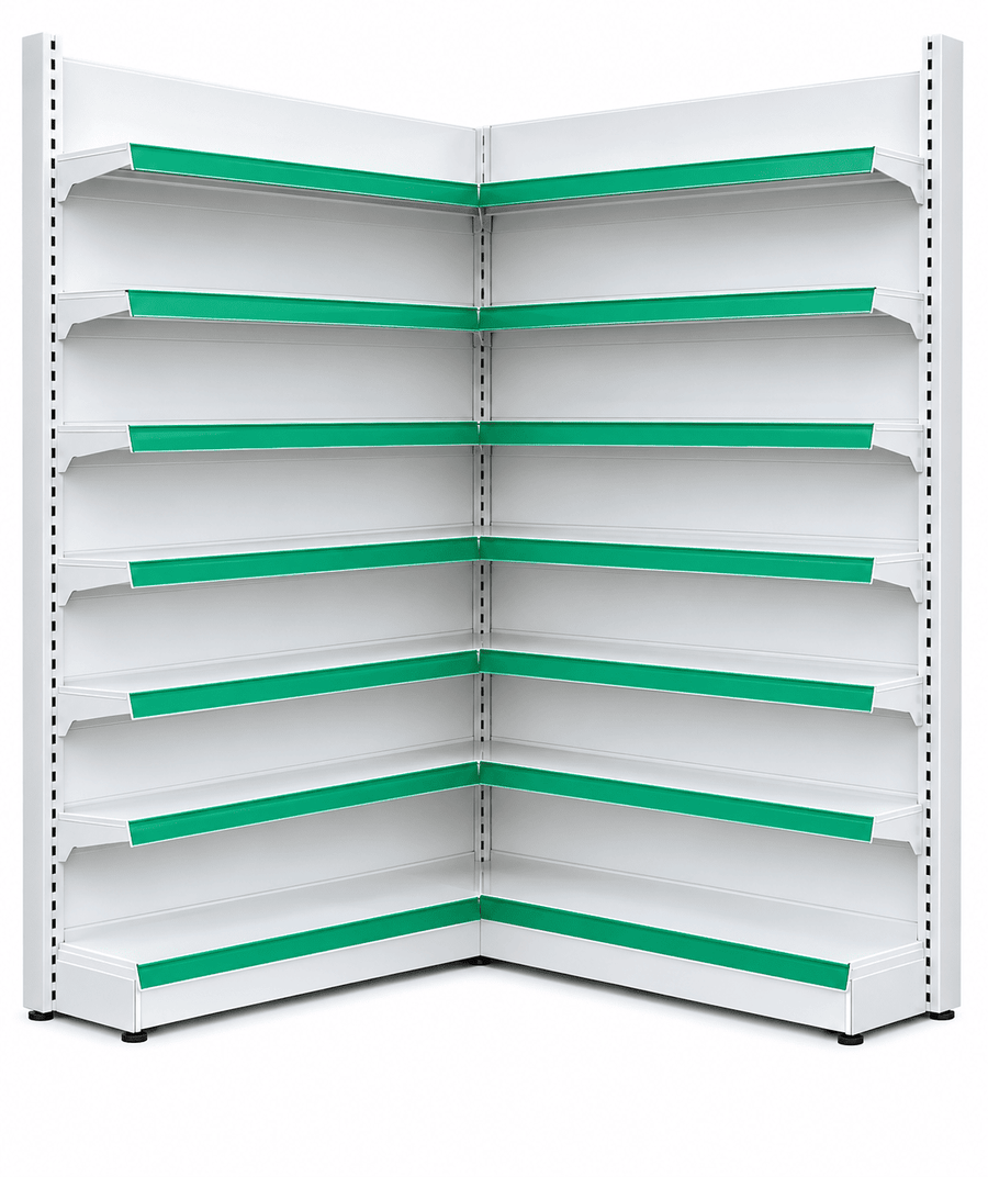 White metal retail shelving unit with multiple tiers and bright green horizontal backing strips, shown on a plain white background.