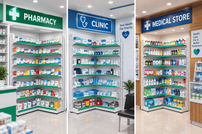 A three-panel view of a modern pharmacy and medical store interior with white shelving, teal accents, and bright overhead lighting. Signs read PHARMACY, CLINIC, and MEDICAL STORE, and shelves are stocked with boxed products and bottles.
