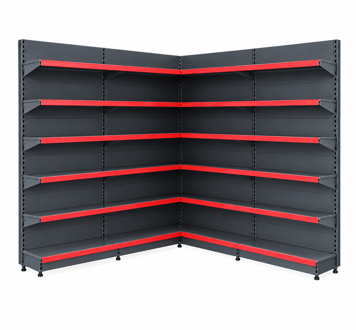 A dark gray metal corner shelving unit with bright red horizontal shelf dividers, shown on a plain white background.