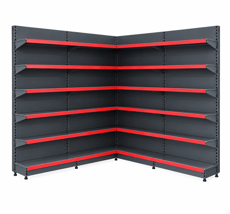A dark gray metal corner shelving unit with bright red horizontal shelf dividers, shown on a plain white background.