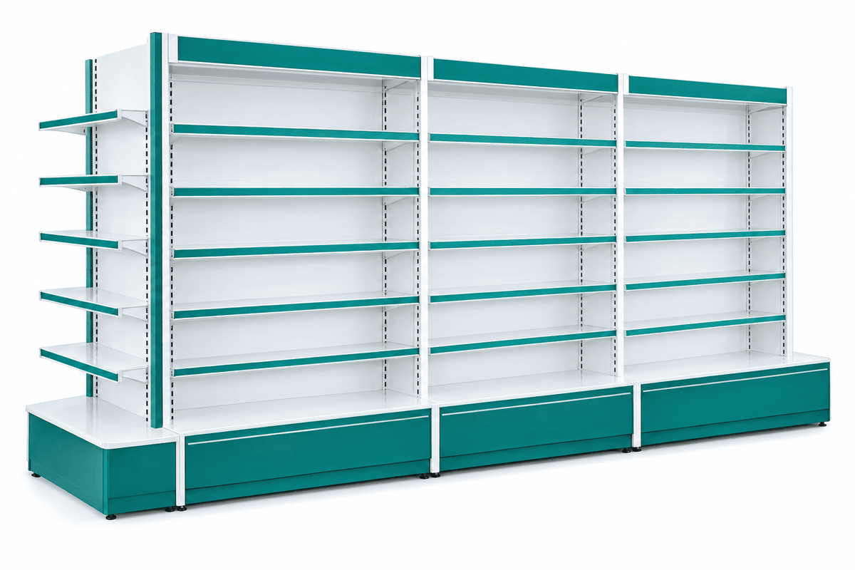 A set of empty retail shelving units with white vertical panels, teal horizontal shelf edges, and teal base cabinets, shown on a plain white background.