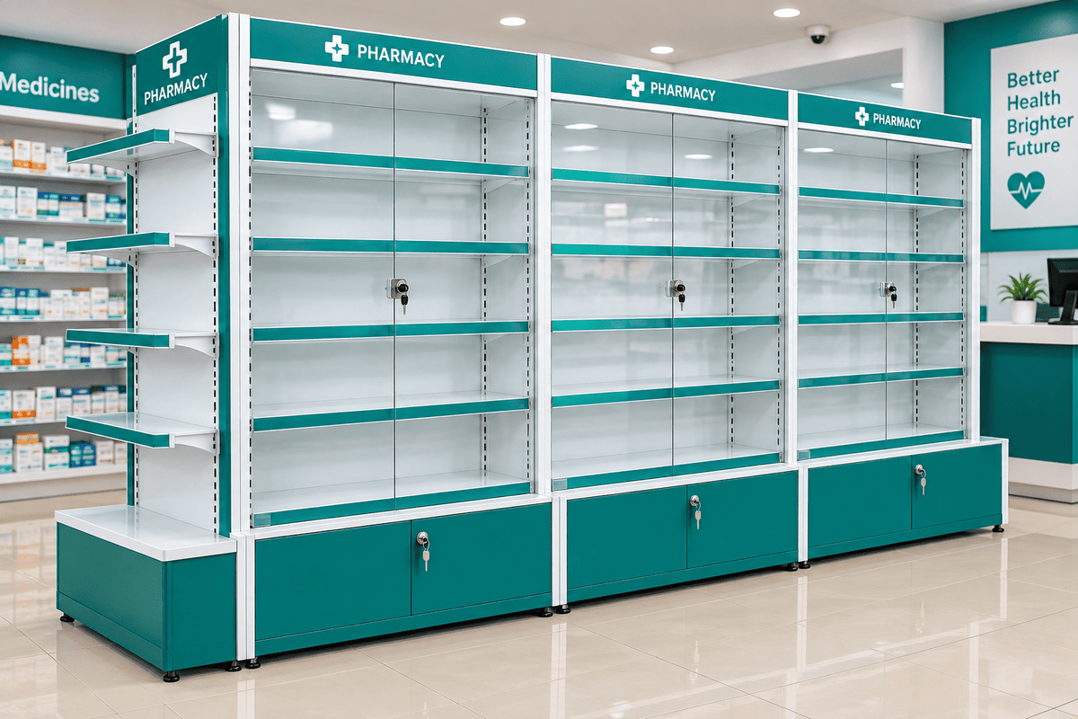 Three empty pharmacy display shelving units with teal and white panels, glass doors, and lower lockable cabinets, shown in a clean pharmaceutical retail interior.