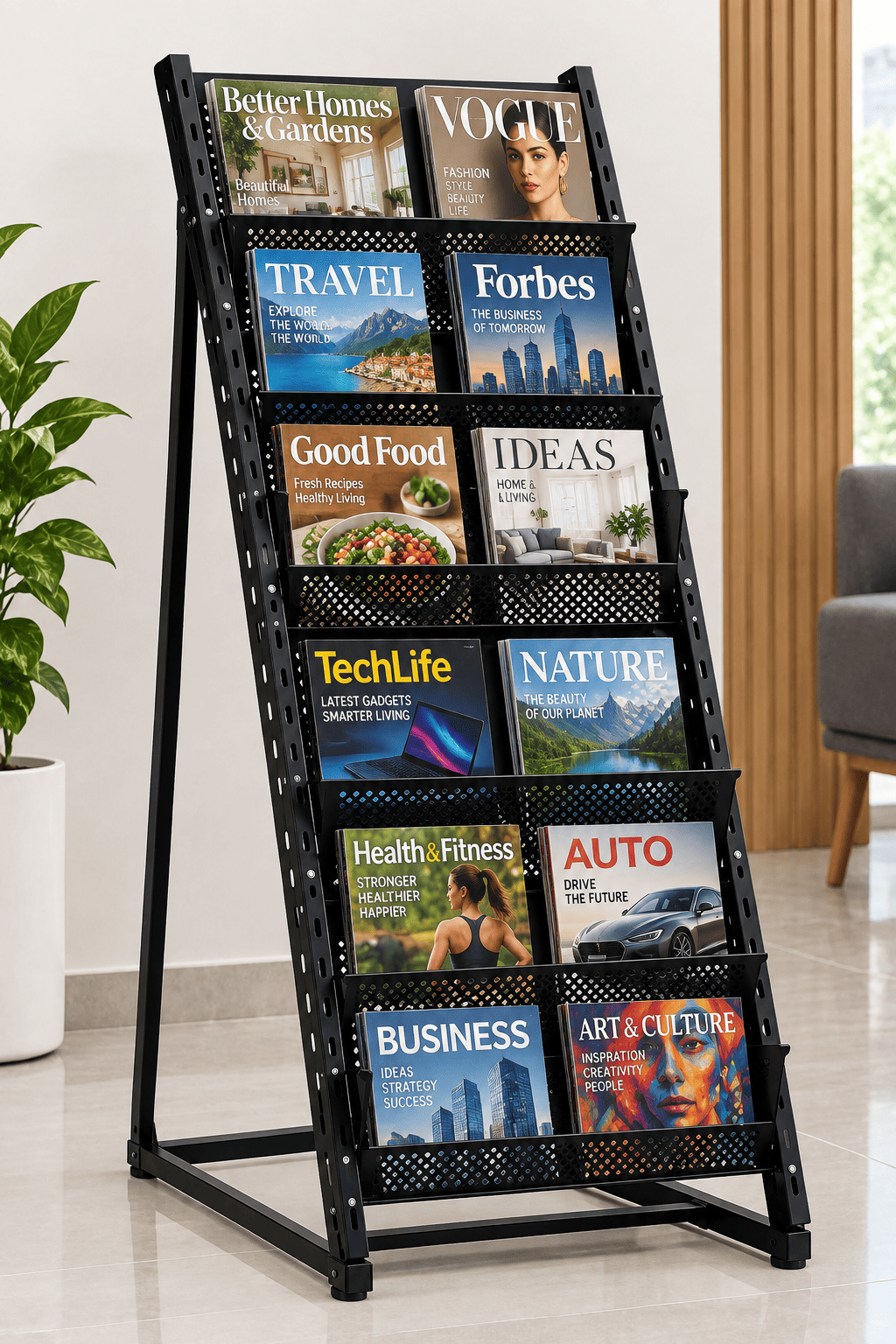 Black document display rack with multiple slots holding assorted magazines.