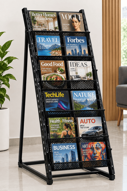 Black document display rack with multiple slots holding assorted magazines.