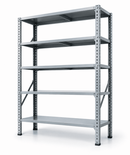 A five-tier gray metal warehouse shelving unit with adjustable height slots on the vertical supports, shown on a white background.