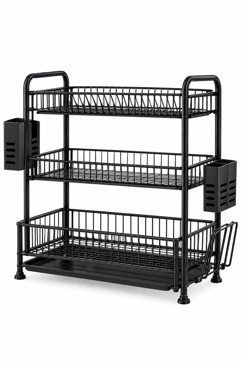 A three-tier black wire kitchen organizer rack with side dish racks, shown on a plain white background.