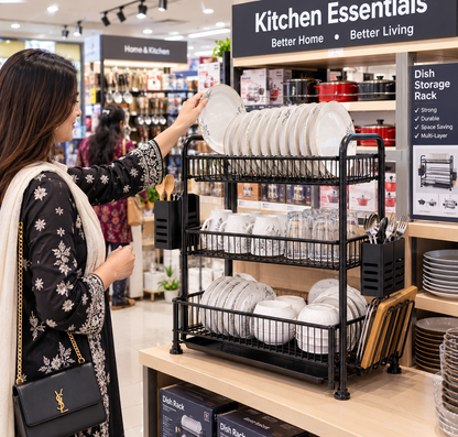 A woman in a black floral dress reaches for a stack of white plates on a black wire dish storage rack inside a brightly lit kitchenware store. Shelves in the background display various kitchen items under signs including 'Kitchen Essentials' and 'Dish Storage Rack'.