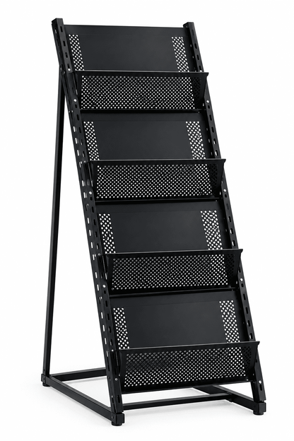 Black angled 4-tier document display rack with perforated shelves against a plain white background.
