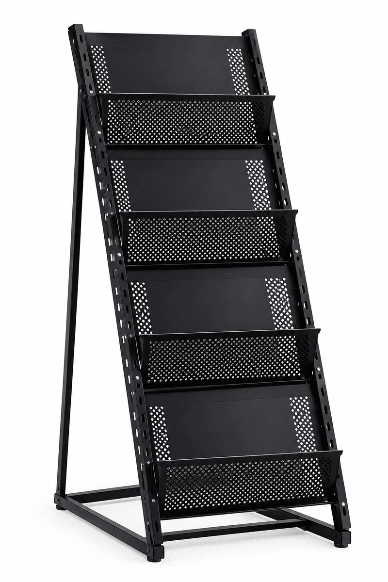 Black angled 4-tier document display rack with perforated shelves against a plain white background.