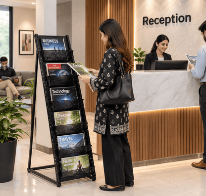 Black document display rack holding magazines in an office reception area.
