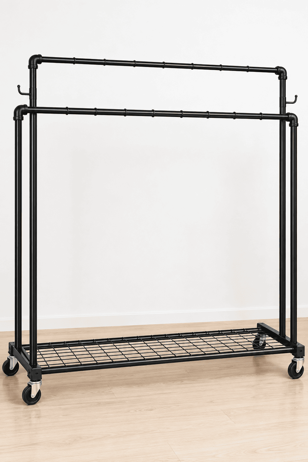 Black industrial-style double rail garment rack with two hanging rods, bottom shelf, and caster wheels.