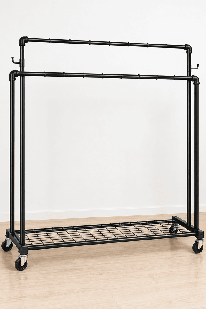 Black industrial-style double rail garment rack with two hanging rods, bottom shelf, and caster wheels.