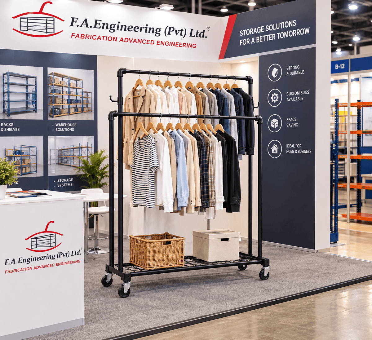 Black double rail garment rack with hanging clothes on display at an F.A. Engineering trade show booth.