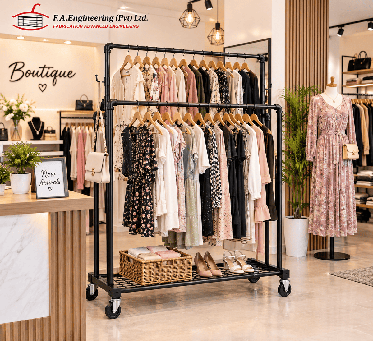 Black double rail garment rack with hanging clothes and shoes in a boutique store display.