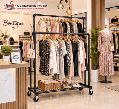 Black double rail garment rack with hanging clothes and shoes in a boutique store display.