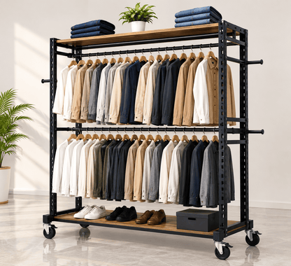 Black double sided garment rack with wooden shelves, hanging clothes on both sides, and folded items and shoes on the shelves