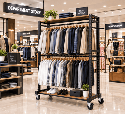 Black double sided garment rack with hanging clothes and shoes in a department store menswear section