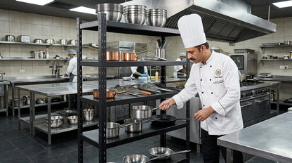 Chef using a black heavy duty kitchen rack holding pots and pans in a commercial kitchen.