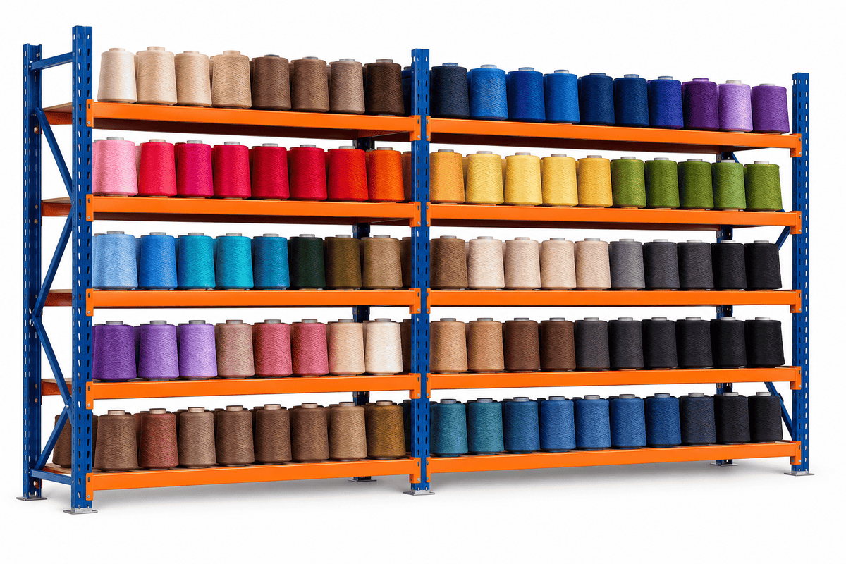 Blue and orange yarn storage racks holding color-sorted cones of yarn on five shelf levels