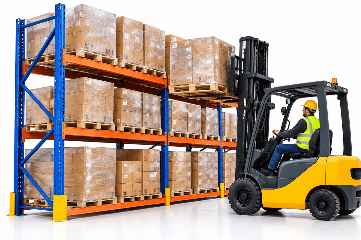 Blue and orange high bay pallet racks loaded with wrapped pallets, with a forklift operator beside them.