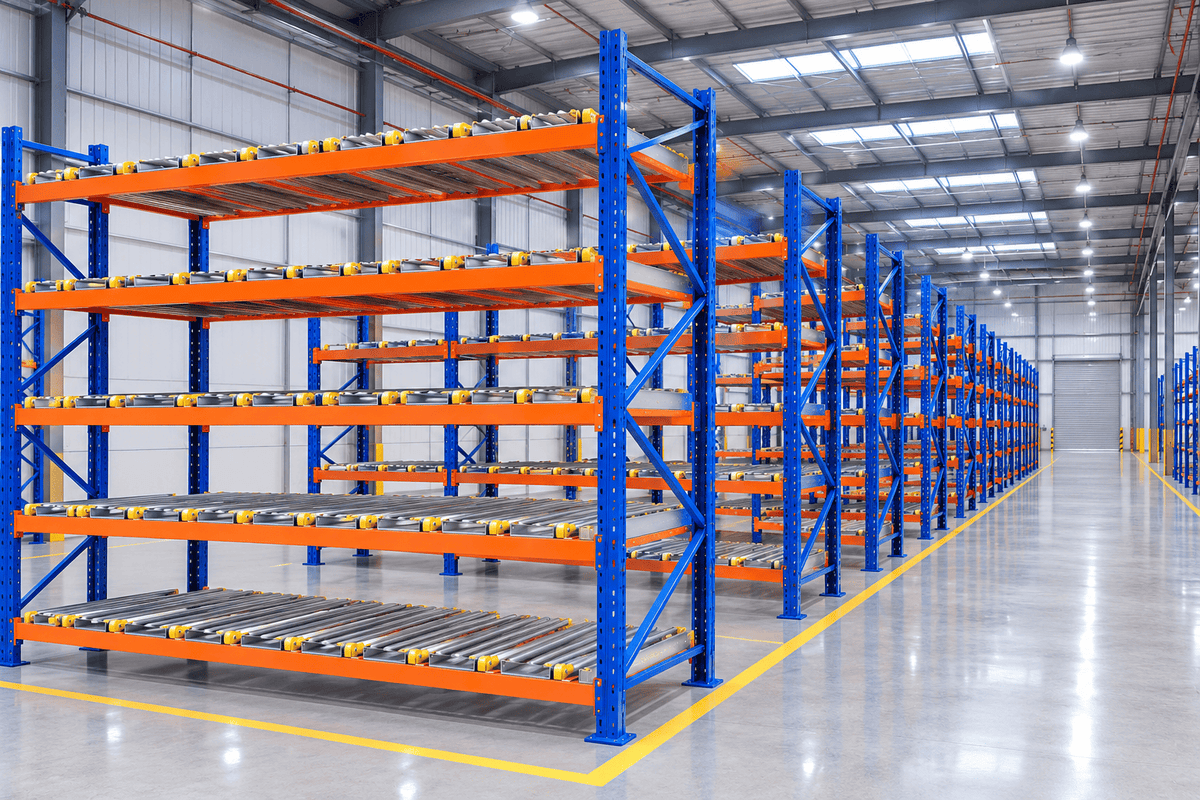 Rows of blue and orange pallet flow racks with inclined roller lanes in a bright warehouse, with a yellow floor line marking the aisle and a shutter door at the far end.