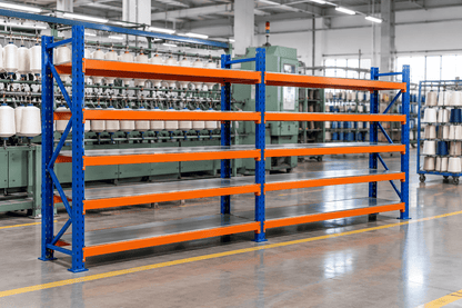 Blue and orange yarn storage racks with empty shelves in a textile mill.