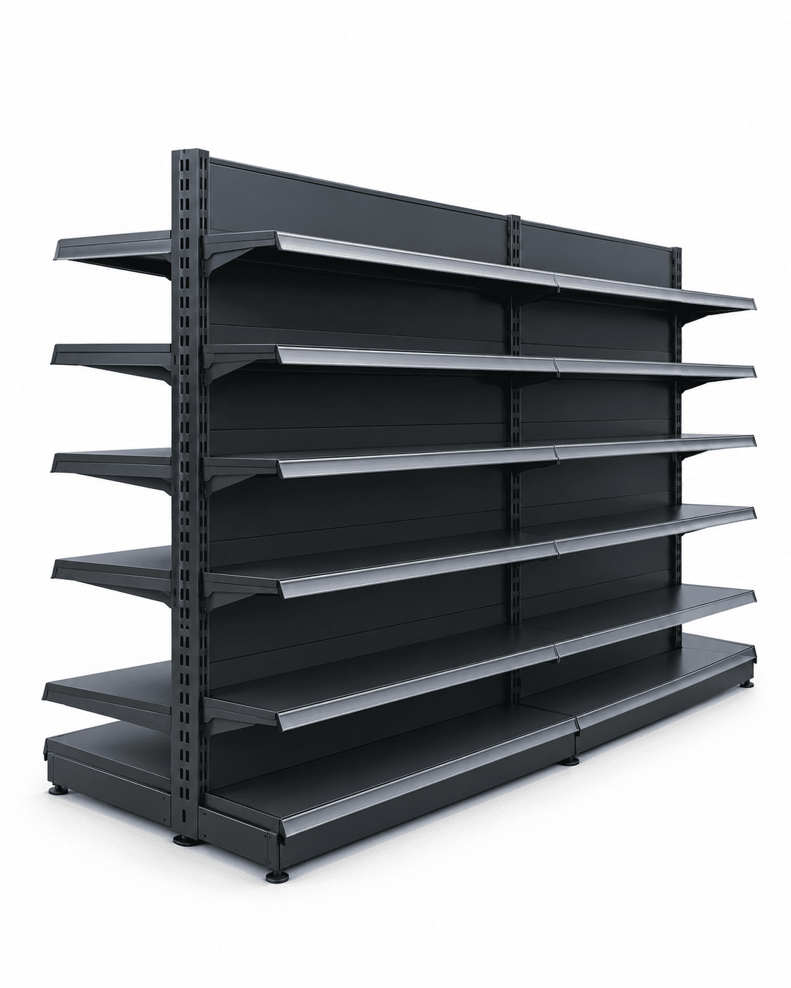 Empty black double-sided supermarket gondola rack with five shelves per side against a plain white background.