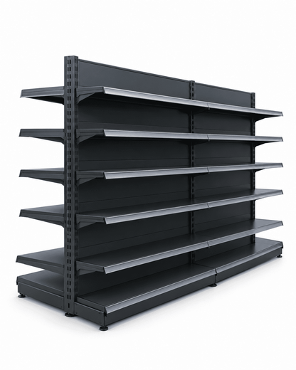 Empty black double-sided supermarket gondola rack with five shelves per side against a plain white background.