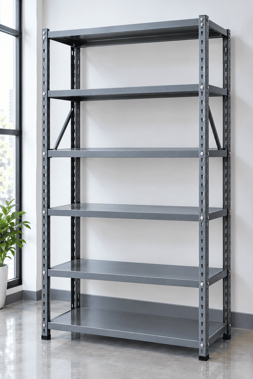 Gray multi-tier office rack with five empty shelves in a bright office beside a window and plant.