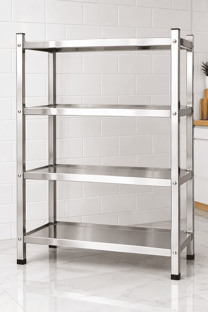 Stainless steel multi-tier kitchen rack with four empty shelves against a white tiled wall.