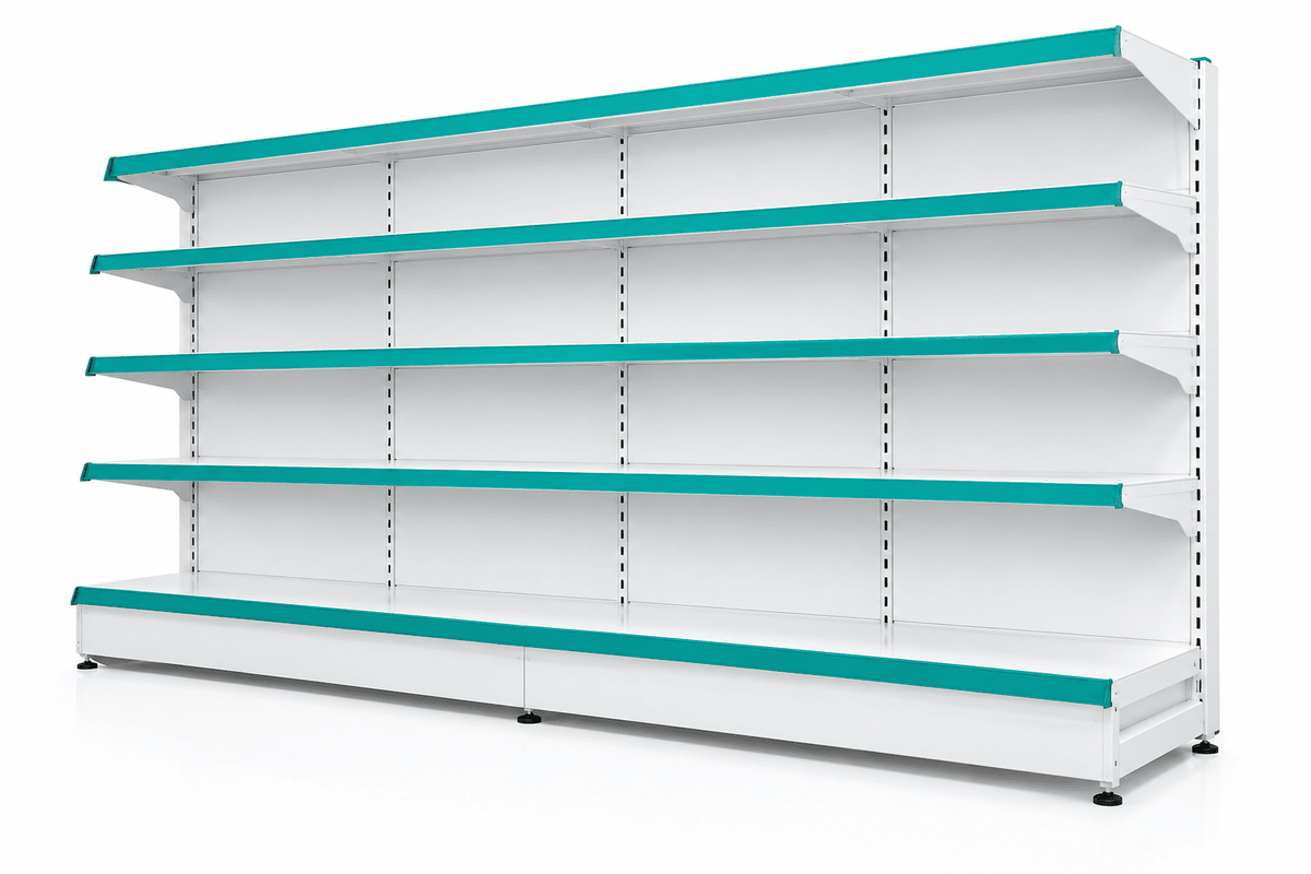 Empty white and teal pharmacy metal rack with five shelves against a plain white background.