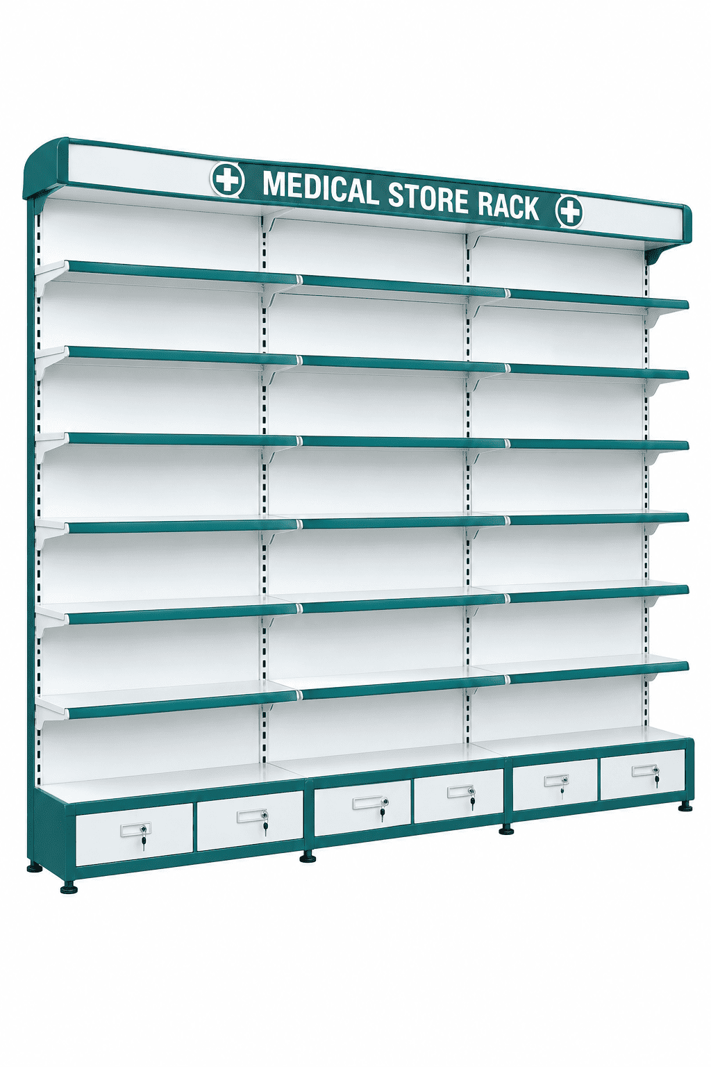 White and teal medical store rack with eight shelves and bottom drawers against a plain white background.