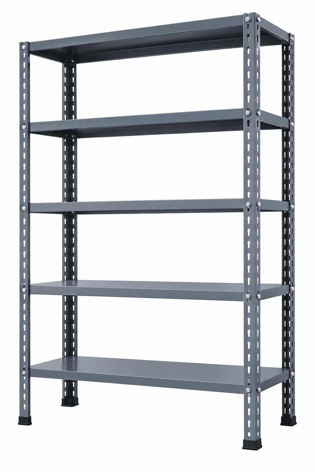 Gray office shoe rack with five empty shelves against a plain white background.
