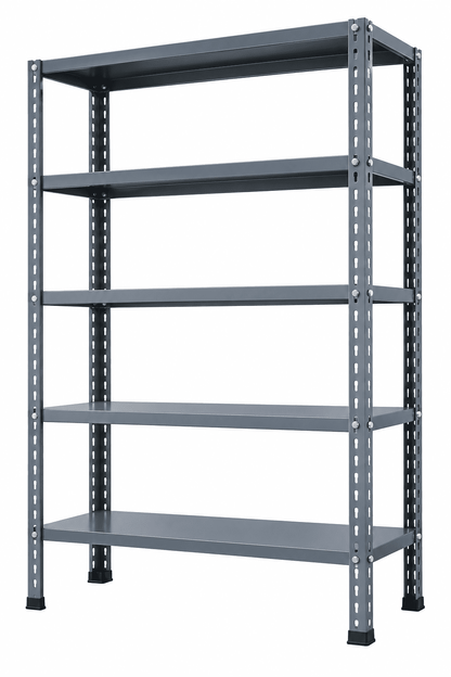 Gray office shoe rack with five empty shelves against a plain white background.
