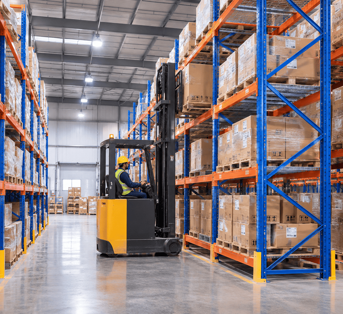 Reach loader operator driving through a narrow aisle between blue and orange pallet racks loaded with wrapped boxed pallets in a warehouse.