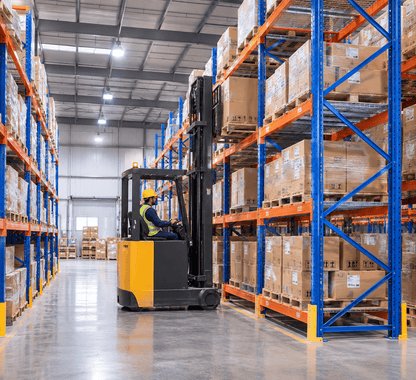Reach loader operator driving through a narrow aisle between blue and orange pallet racks loaded with wrapped boxed pallets in a warehouse.