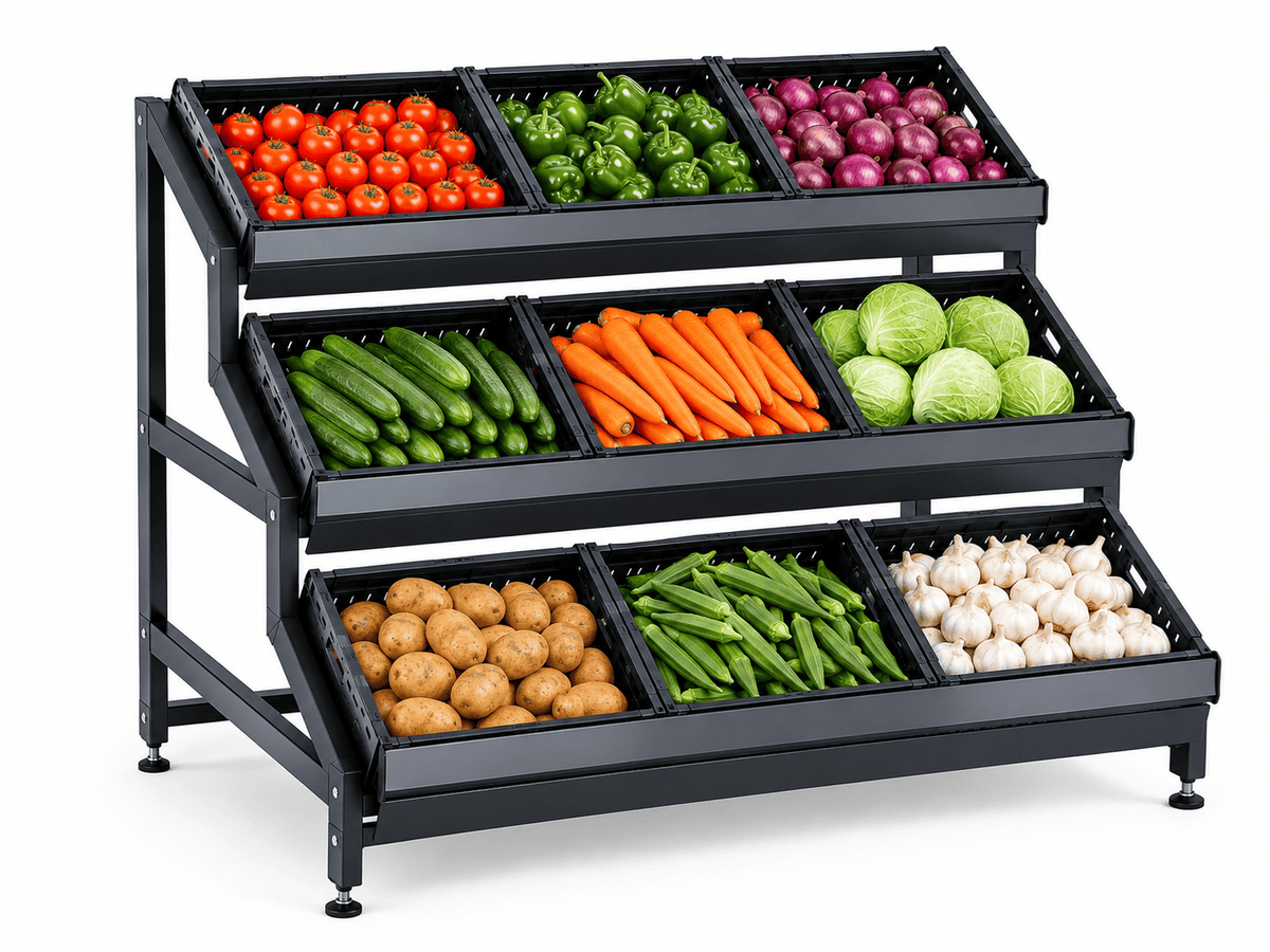 Black vegetable display rack stocked with tomatoes, peppers, cucumbers, carrots, cabbages, potatoes, garlic etc.
