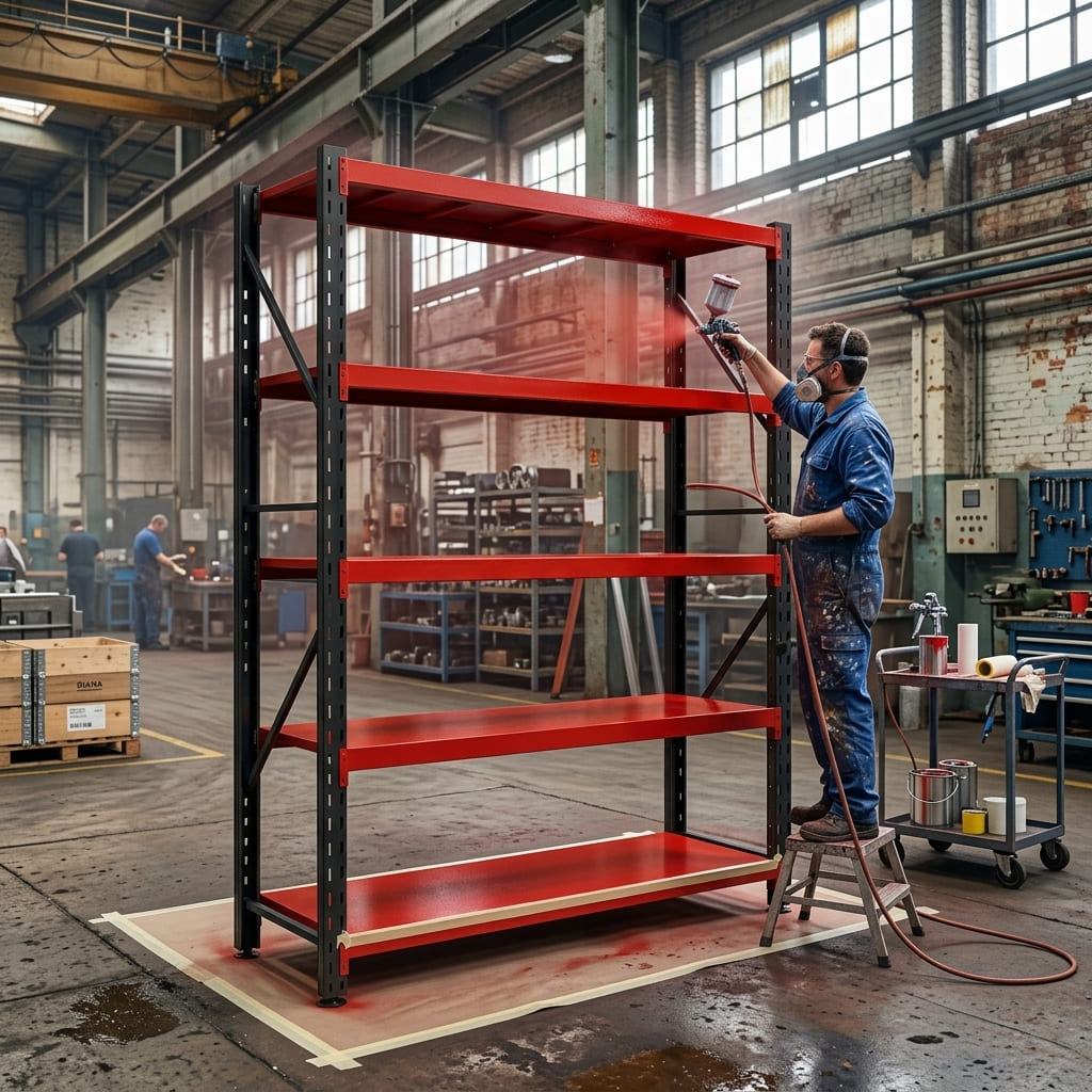 A red and black industrial shelving unit being spray-painted by a worker in a large, dusty warehouse or factory setting.