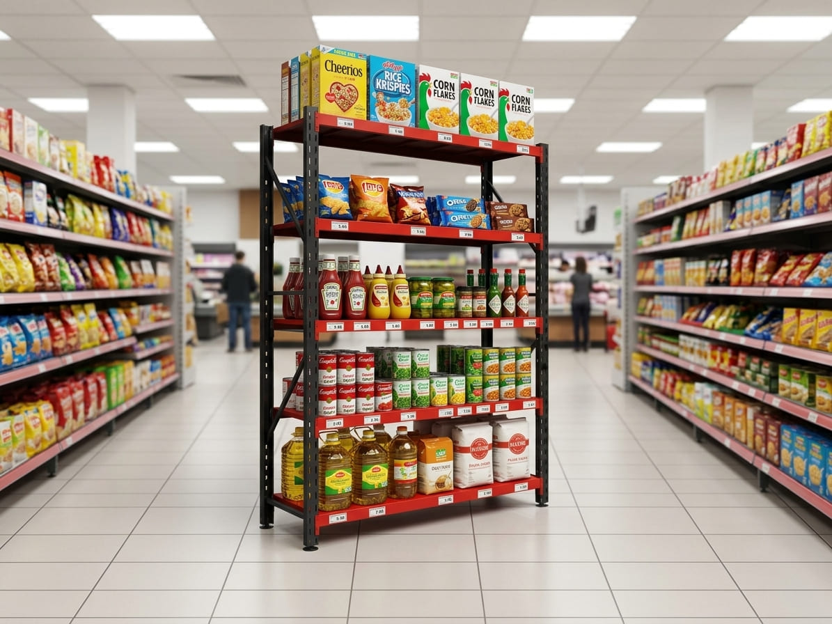 A black metal grocery store shelf with red horizontal bars, stocked with various packaged foods, beverages, and condiments, positioned in the center of a brightly lit supermarket aisle.