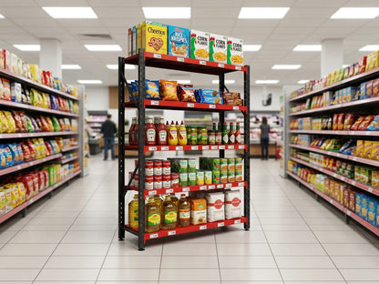 A black metal grocery store shelf with red horizontal bars, stocked with various packaged foods, beverages, and condiments, positioned in the center of a brightly lit supermarket aisle.