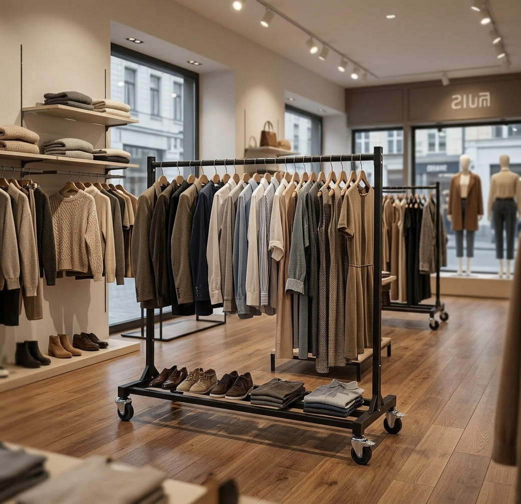 A clothing store interior with multiple black rolling garment racks holding neutral-toned apparel, including sweaters, shirts, and dresses. Shelves with folded garments and shoes are visible on the left, and mannequins stand by the window on the right.