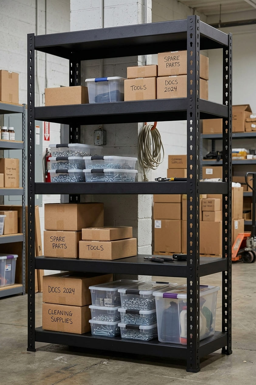Black heavy duty adjustable rack storing labeled boxes and bins in a storage room.
