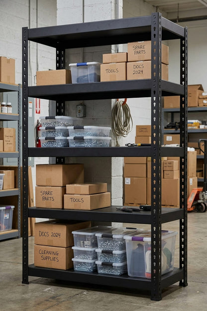 Black heavy duty adjustable rack storing labeled boxes and bins in a storage room.