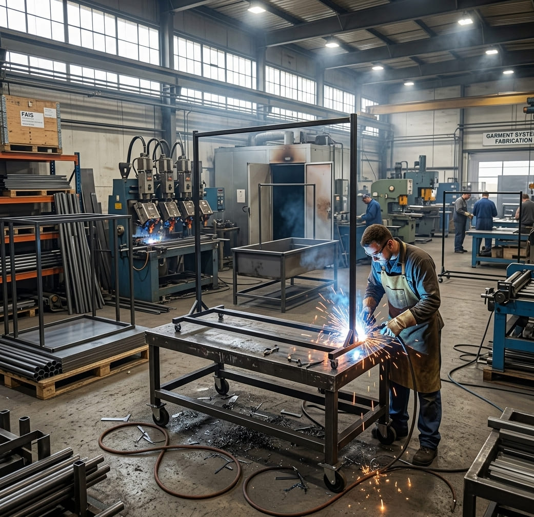 A welder in protective gear sparks while working on a metal frame at a welding table inside a large industrial workshop with machinery and other workers in the background.