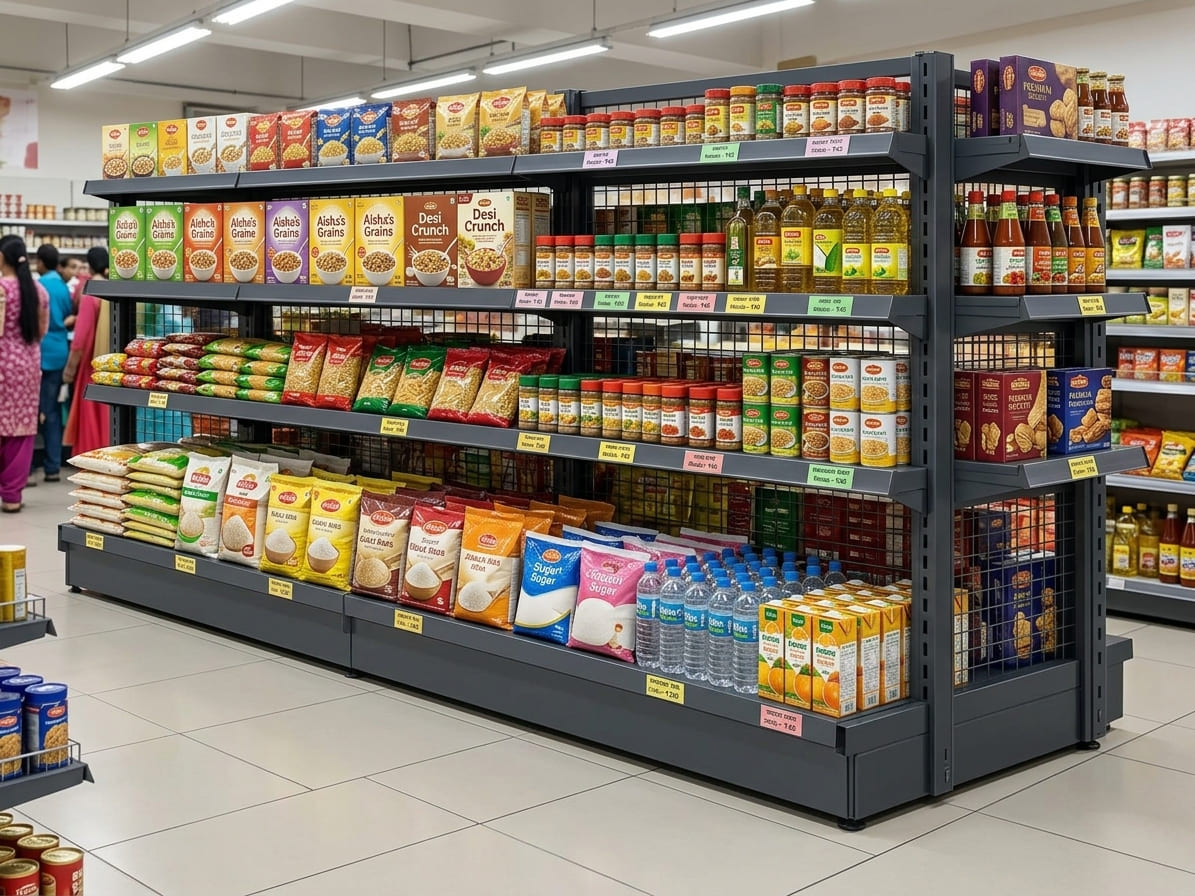 A grocery store aisle with black metal shelving stocked with packaged food items, including boxes, bags, bottles, and cartons. Shoppers are visible in the background near another aisle.