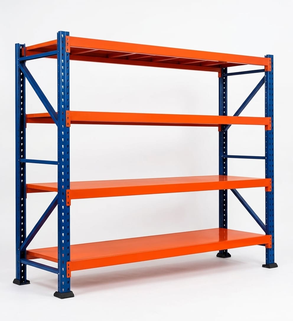A four-tier industrial warehouse shelving unit with bright orange shelves and blue steel support columns, shown on a clean white background.